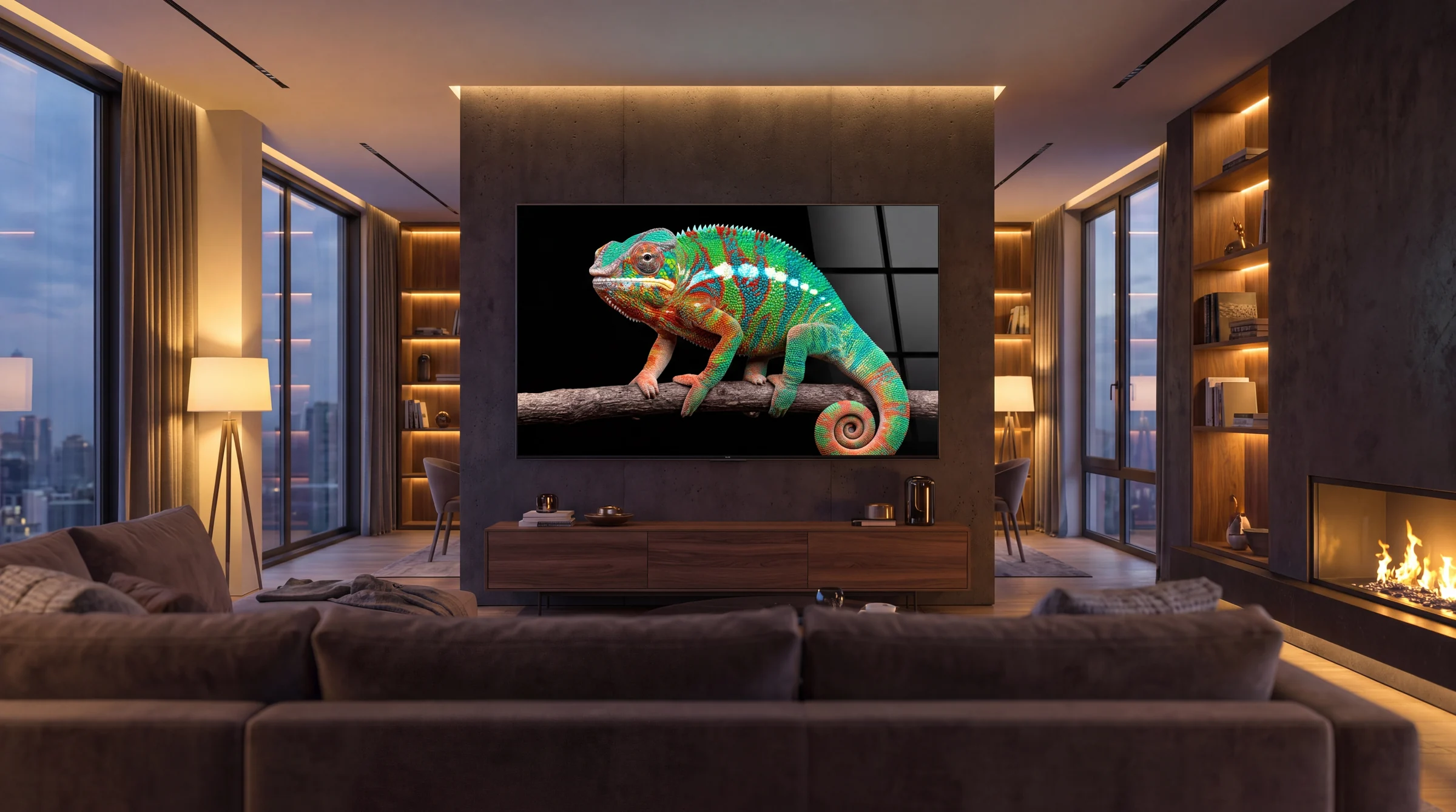 85-inch television mounted flush on a stone feature wall in a Maryland living room, no visible wires, screen showing a chameleon in 4K